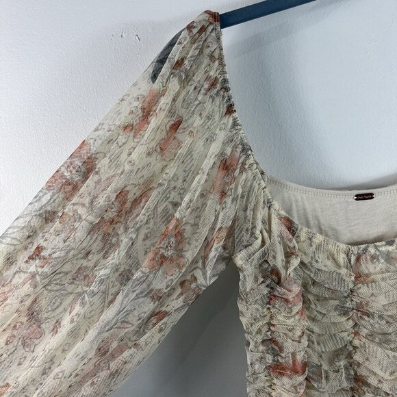 Free People Lilia Ruched Cropped Top Size S Ivory Floral Boho Coachella Party - Picture 3 of 14